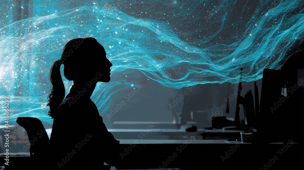 Poster woman in workspace with ai algorithm streaming abstract flowing data