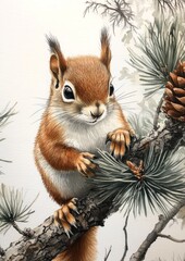 Obraz premium On a canvas, a trendy hand-drawn oil painting features a cute squirrel sitting on a pine branch, exemplifying detailed artistic summer animal acrylic art