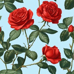 Fototapeta premium Red roses, buds, and leaves are depicted in a watercolor seamless pattern, making for a beautiful and elegant floral textile design background
