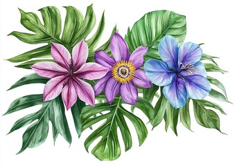 Obraz premium The purple passionflower, adorned with tropical leaves, is beautifully depicted in a watercolor botanical illustration, showcasing exotic flowers and green leaves, ideal for greeting cards, posters,