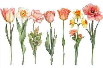 Obraz premium The image depicts a spring floral bouquet with pink tulips, roses, lavender, and lilac flowers on a white background in watercolor