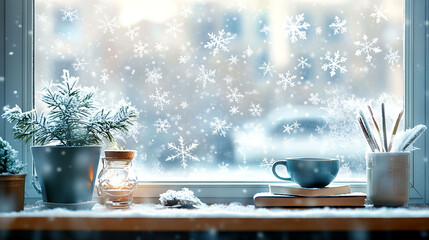 A Frosty Window with Delicate Snowflake Patterns