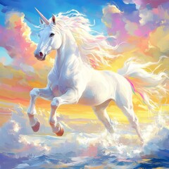 Naklejka premium A fantasy animal illustration of a magical white unicorn is shown standing against soft, pastel-colored dreamy clouds, rendered in hand-painted acrylic artwork
