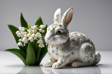 Elegant Porcelain Rabbit Figurine Adorned with Lily of the Valley Flowers