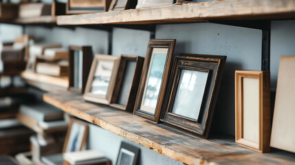 A shelf with rustic wooden photo frames.