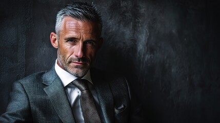 Fototapeta premium Stylish Executive Man in Tailored Suit Against Dark Background