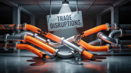 Fototapeta premium Trade Disruptions: Broken pipes and oil spill with trade disruption sign.