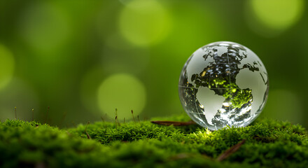 Professional workspace, business strategy, financial growth a glass globe resting on a bed of lush green moss with a blurred green background for a natural feel