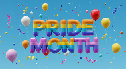 Pride Month in 3D bubble letters with rainbow balloons and confetti in bright blue sky