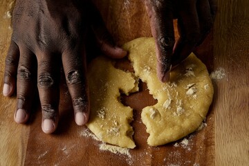 Hands Making Fresh Pita Bread on Wooden Surface in Natural Light