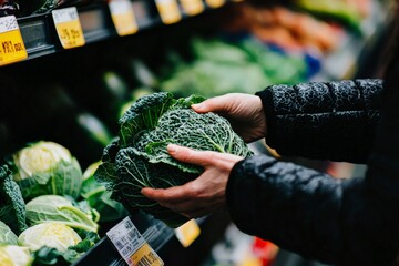 Hands Picking Fresh Head of Cabbage from Grocery Store Shelf