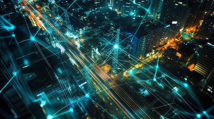 High power electricity poles in urban area connected to smart grid. 