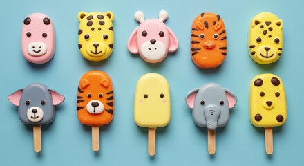 Adorable Animal Popsicles - Ten delightful animal-shaped popsicles arranged on a light blue background. Perfect for summer treats or children's parties