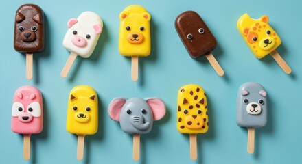 Adorable Animal Popsicles Summer Treats - Fun, cute animal-shaped popsicles, perfect for kids. Symbolizes summer fun, childhood joy, sweet treats, playful creativity, and healthy snacks