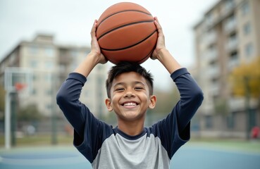 Portrait of happy young boy holding basketball over head. Teenager smiles at camera during basketball practice outdoors. Boy ready for basketball game, active lifestyle, childhood memory.