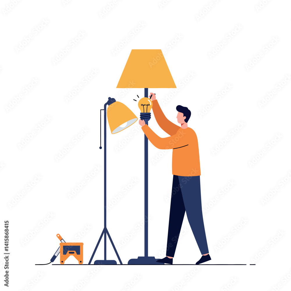 Aufkleber man changing light bulb on standing lamp with floor lamp and power supply in flat design vector illu