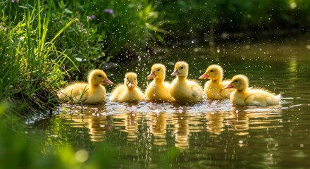 Adorable Ducklings Swimming in Pond - Six fluffy yellow ducklings playfully splash in a calm pond, surrounded by lush green vegetation