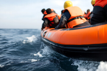 Boat on the Open Sea: A vibrant orange raft cuts through the waves, carrying passengers in safety gear. A dynamic scene of maritime adventure!