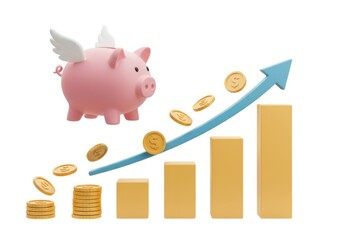 Savings growth flying piggy bank with coins and graph isolated on white background