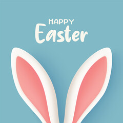Vector Happy Easter Background with Bunny Ears and Greeting Text in Soft Pastel Colors. Cute Minimalist Spring Holiday Poster. Vector Illustration for Easter Celebration Card, Flyer, Social Media Post