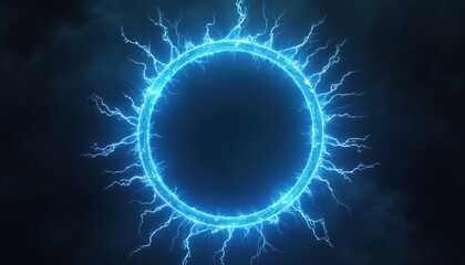 Obraz premium Electric blue hologram circle isolated on black background. Plasma portal layer overlay with lightning effect. Tech design, abstract visual. Modern tech, futuristic, energy concept for presentations,