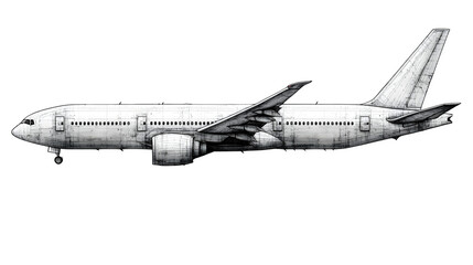 Airplane shape line drawing, high-definition, realistic look, isolated on white background