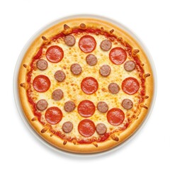 Overhead view of pepperoni and sausage pizza with melted cheese on white plate isolated on white background