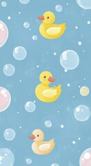 Three cute yellow rubber ducks bubbles floating blue backdrop