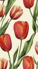 Obraz premium Watercolor Red and Orange Tulips Floral Botanical Painting