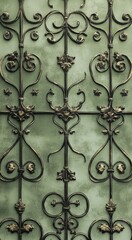 Ornate Wrought Iron Metalwork Green Wall Decorative Forged Steel Fence Gate