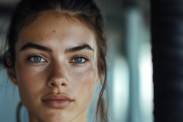 Fitness and exercise portrait of a woman at the gym, focused on workout and training for a healthy lifestyle and body wellness. Close-up of a female athlete at a health club, representing balance, ene
