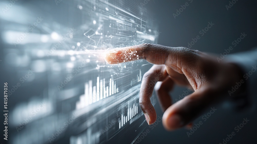 Poster hand reaching out toward transparent digital graphs and data visuals