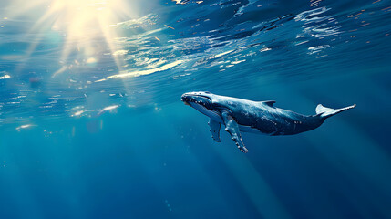 A stunning underwater shot of a great white shark swimming gracefully with sunlight filtering through the ocean surface.
