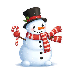 Adorable snowman wearing a scarf and top hat, holding a candy cane, surrounded by falling snow, cozy and heartwarming vibes