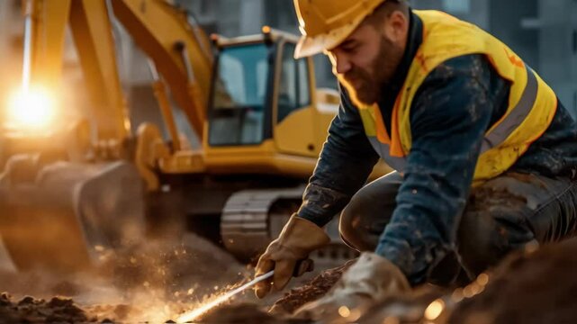 A construction worker wearing a hard hat and safety gear is digging in the dirt at a construction site during sunset.