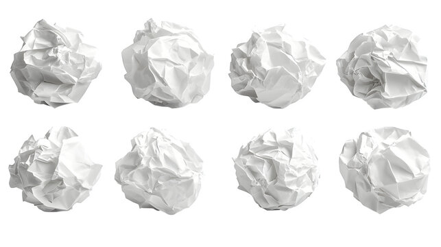 Assortment of crumpled white paper balls isolated on white background