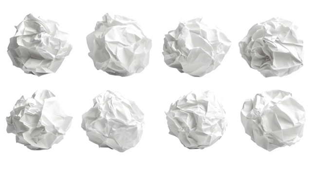 Assortment of crumpled white paper balls isolated on white background