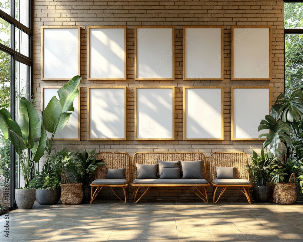 Poster Elegant Display of Twelve Empty Frames Ready for Artistic Expression on a Stylish Brick Wall in Bright Morning Light