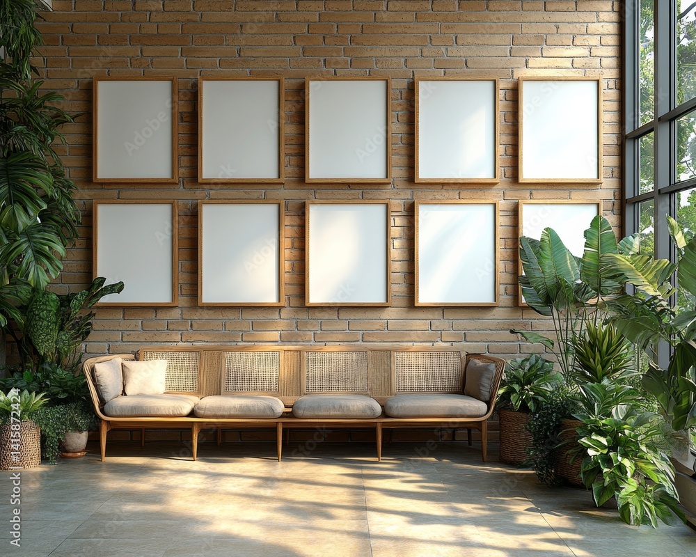 Poster Elegant Display of Twelve Blank Frames on a Rustic Brick Wall, Perfect for Showcasing Art in a Stylish Morning Light Setting