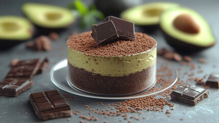 Delicious chocolate mousse made with avocado served on a transparent plate surrounded by fresh avocados and chocolate
