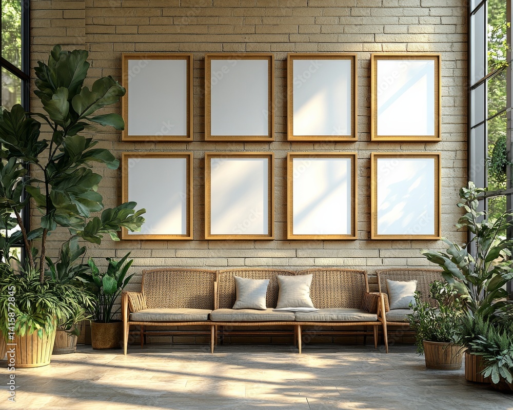 Aufkleber Elegantly Arranged Twelve Modern Empty Frames Showcasing Potential Art Within a Soothing Botanical Environment