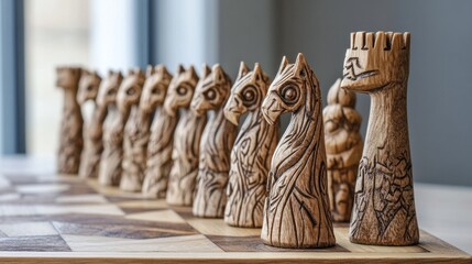 A custom-made wooden chessboard with unique, hand-carved chess pieces --ar 16:9 --v 6.1 Job ID: 780d78d2-b6c4-48f0-8282-ed144a5cd1c9