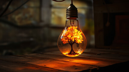 A Light Bulb with a Vibrant Tree Inside Casting a Warm Glow on a Wooden Table in a Dark Room (4)