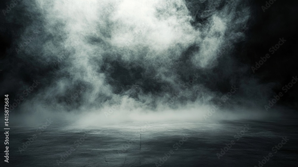 Poster Eerie Atmosphere of Dark Fog and Mist Enveloping an Empty Floor Space Creating an Otherworldly Ambiance