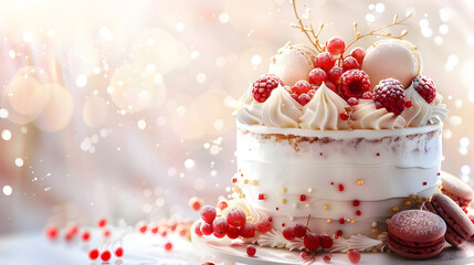 Elegant Cherry Blossom White Cake with Fresh Cherries. elegant dessert, charming.