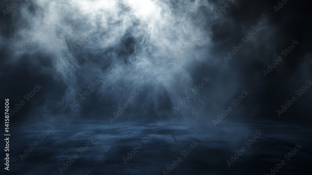 Poster shrouded in mist and mystery: an atmospheric display of fog and smoke enveloping an empty floor spac