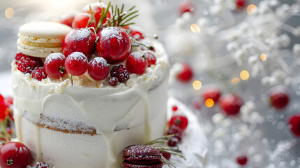 Festive holiday cake adorned with berries and greenery. treat, flavorful, traditional, special occasion.