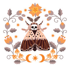 Magic card with death's head moth, moon ,stars, flowers and mushrooms. Flying celestial insect with ornament. Mystic symbol, occult and witchcraft sign.Vector design for boho poster, print on fabric