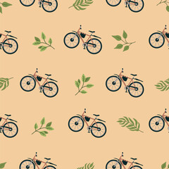 Obraz premium Bicycle and various shaped branches. Seamless pattern with botanical designs and eco-friendly transport. Green, grey and beige colors. Vector background for printing on fabric and paper, textile.