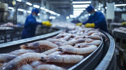 Harvesting and Processing Giant Freshwater Prawns on an Arc Conveyor Belt in a Factory Setting